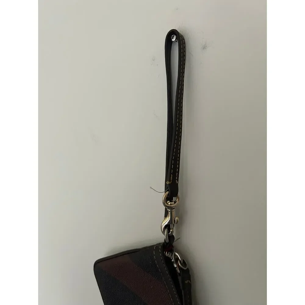 Dooney and Bourke Brown Black Striped Leather Wristlet GUC Red Shoulder Strap